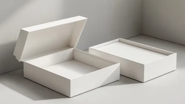 Open white gift box with an inner tray and hinged lid on a light tabletop with soft shadows.