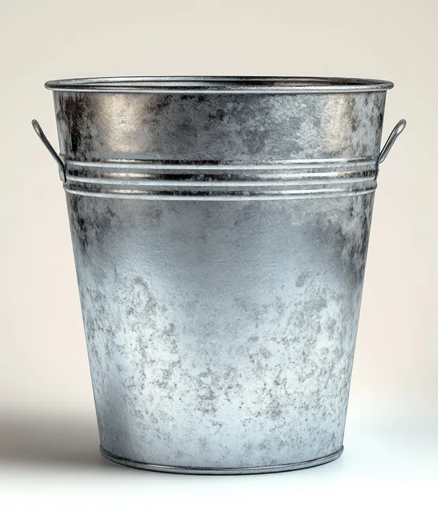 Weathered galvanized metal bucket with side handles isolated on a plain background.