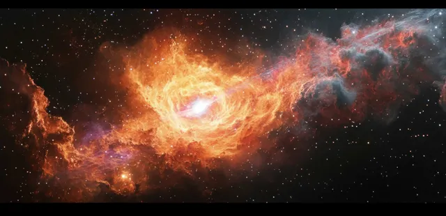A glowing bright nebula core blasts turbulent orange and red gas clouds across a dark starry space background.