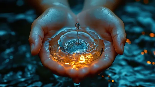 Hands cup a glowing water droplet above dark blue rippling water with splashes glittering around it.