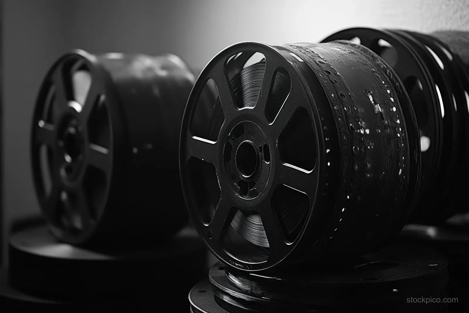 Vintage film reels stacked on a dark surface, shown in dramatic black-and-white lighting with visible metal texture.