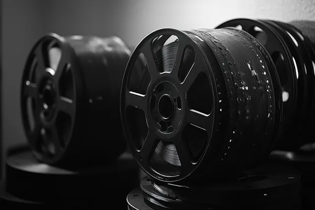 Vintage film reels stacked on a dark surface, shown in dramatic black-and-white lighting with visible metal texture.