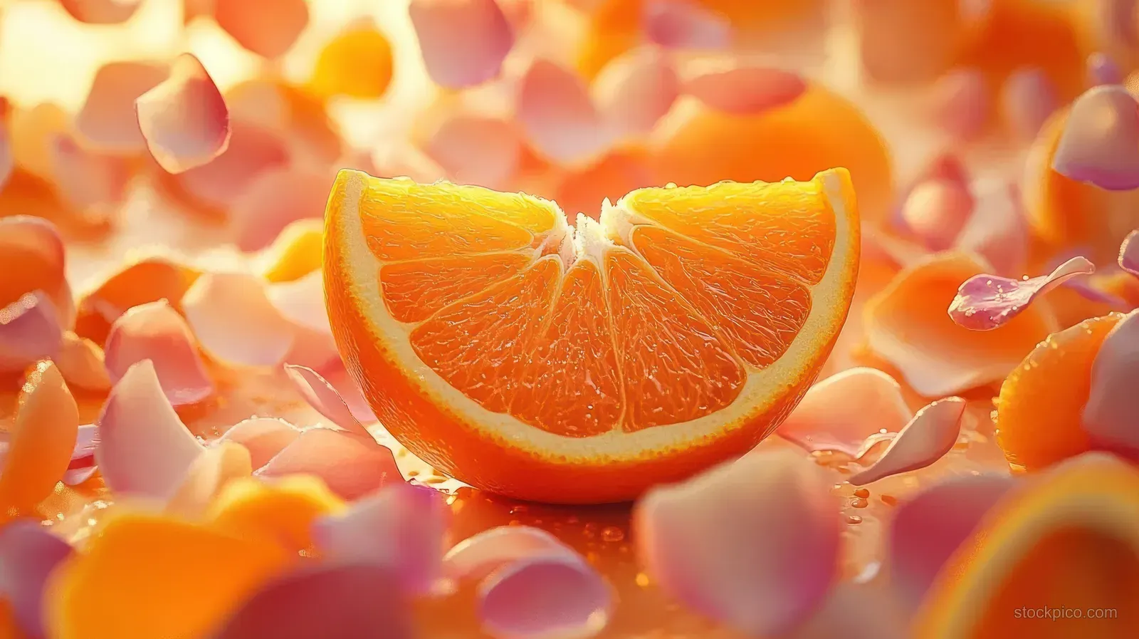 Close-up orange slice surrounded by scattered petals under warm glowing light.
