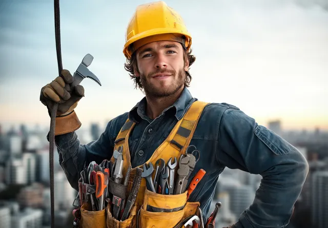 Construction worker in a yellow hard hat holds a hammer while tool belts and a city skyline blur behind.