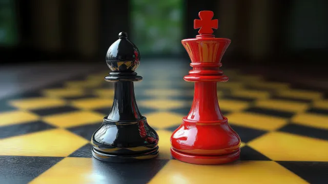 A red king and black rook sit on a checkered chessboard with blurred background.