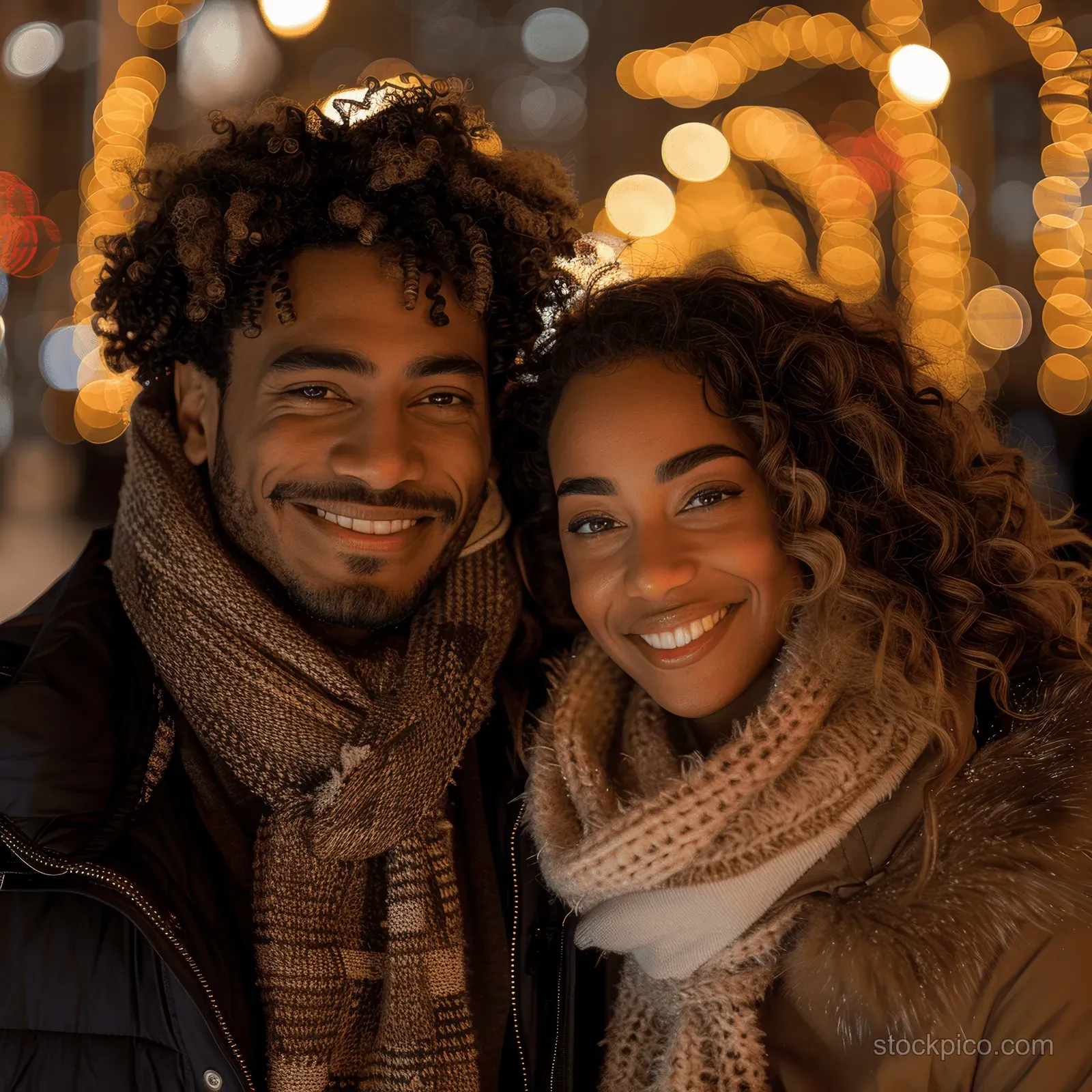 Smiling couple bundled in winter scarves on a city street with glowing Christmas lights at night.