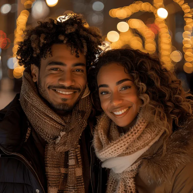 Smiling couple bundled in winter scarves on a city street with glowing Christmas lights at night.