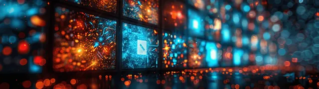 Glowing digital display panels with encrypted symbols and streaming data represent DRM content protection.