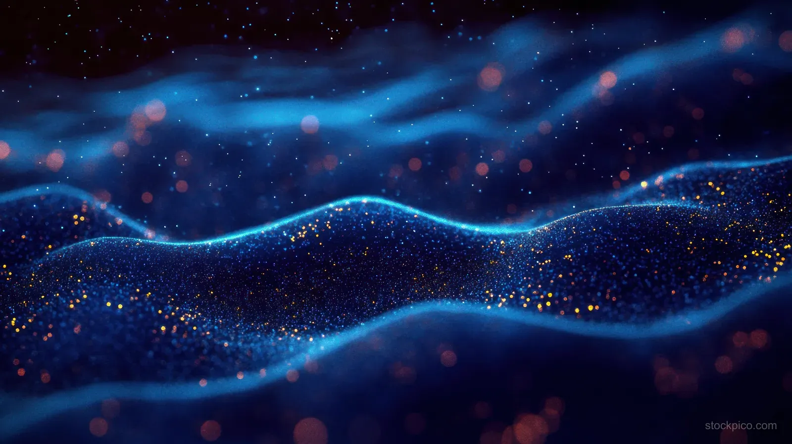 Glowing particle waves ripple across a deep blue cosmic background with golden stardust shimmer.