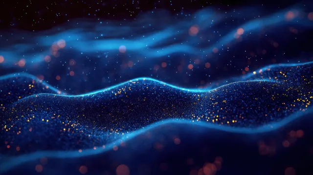 Glowing particle waves ripple across a deep blue cosmic background with golden stardust shimmer.
