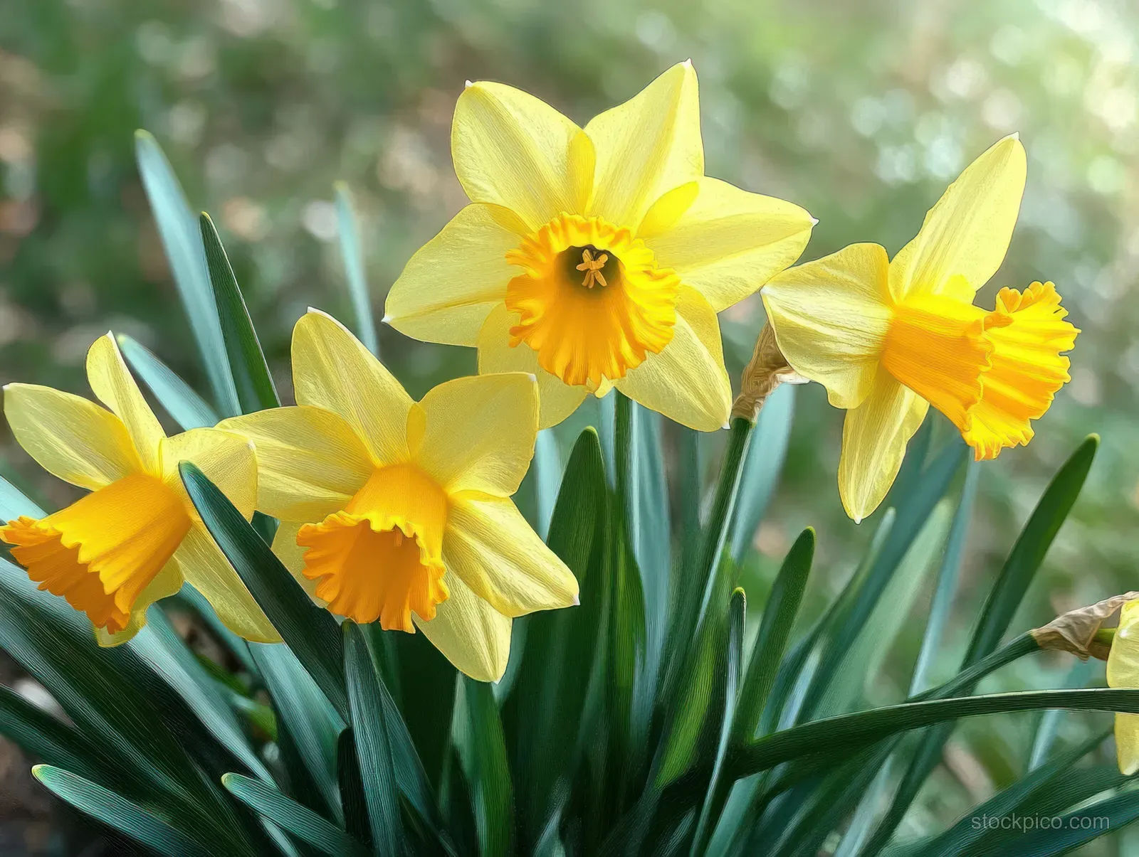 Yellow daffodils with trumpet centers bloom among green leaves against a softly blurred garden background.