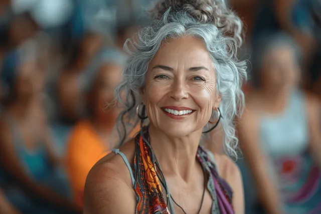Smiling older woman with grey curly hair wears a colorful scarf and earrings at an outdoor community gathering.