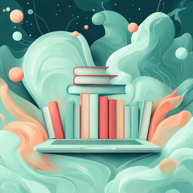 Floating books above a laptop, glowing light swirls suggesting online learning