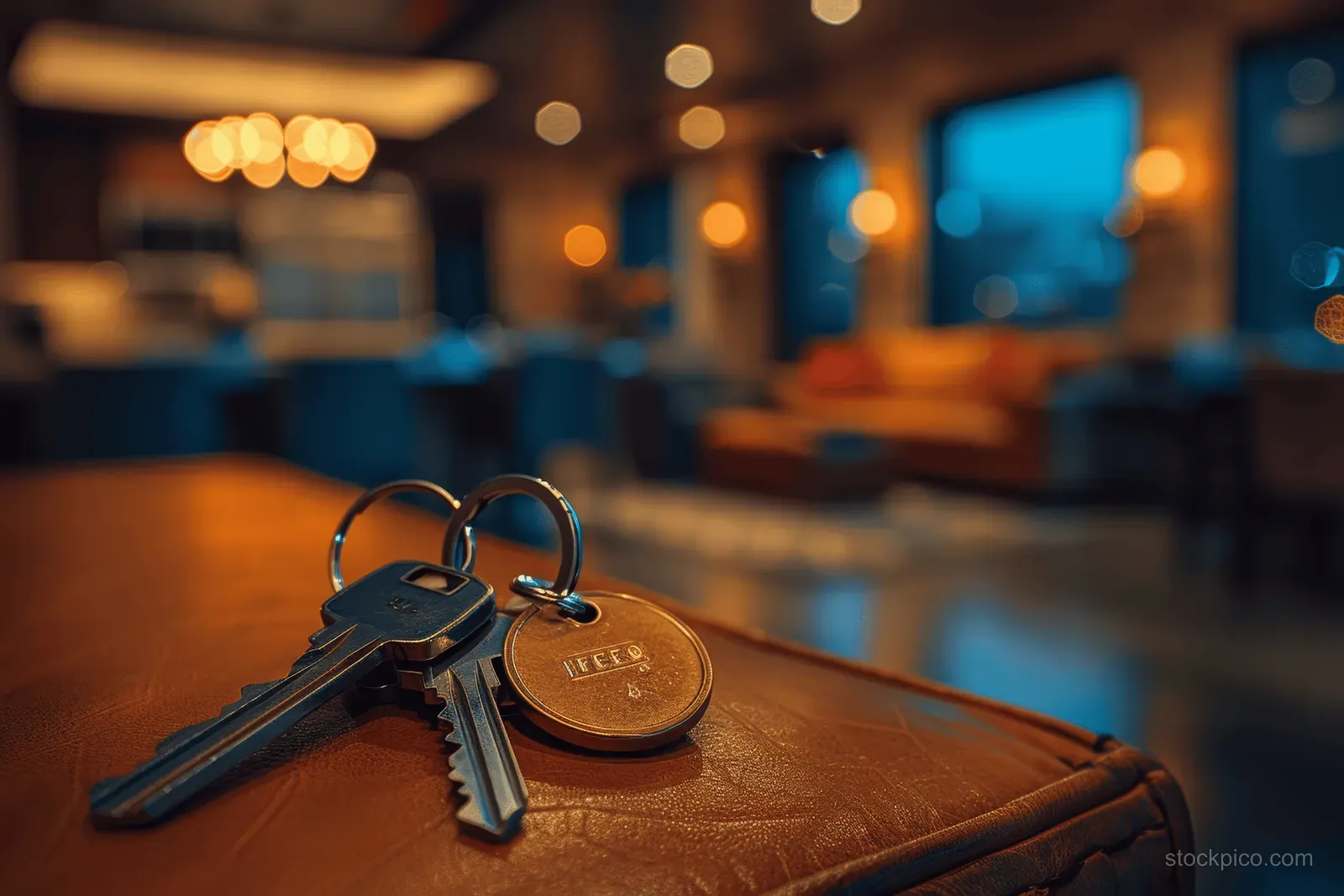 Metal keys and a keyring lying on a table with a blurred open kitchen and living room in the background.