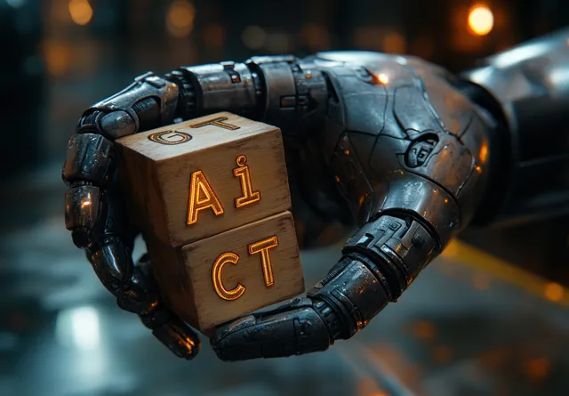 Futuristic robotic hand holding wooden blocks labeled AI ACT in a technology server setting