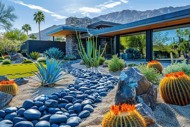 Modern desert home courtyard with blue river rocks, boulders, and cactus plants beside a glass-walled patio.