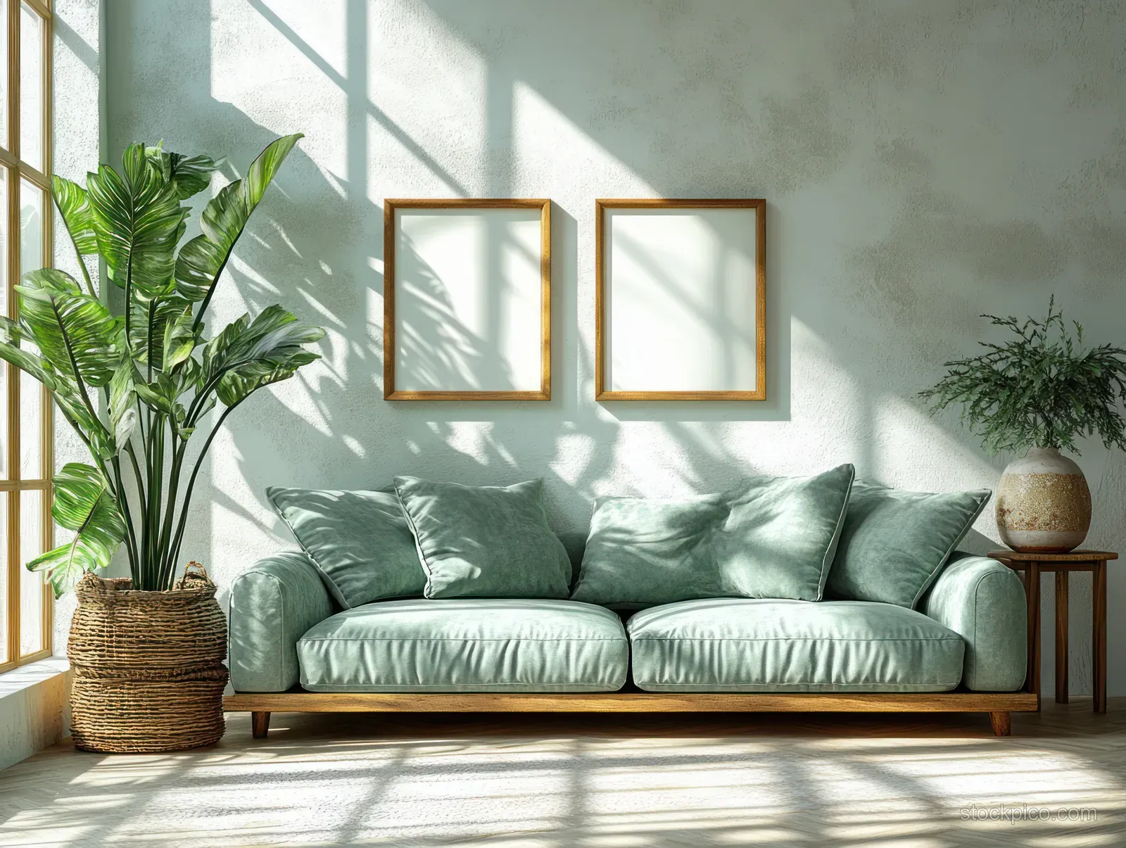 Green velvet sofa sits under two vertical framed pictures in a bright white minimalist living room with plant decor.