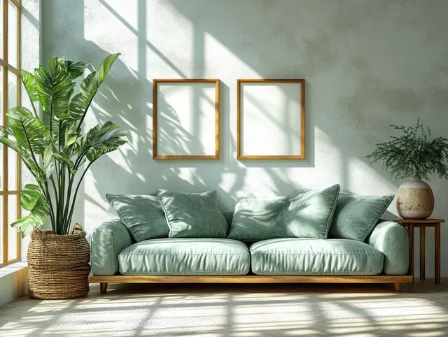 Green velvet sofa sits under two vertical framed pictures in a bright white minimalist living room with plant decor.