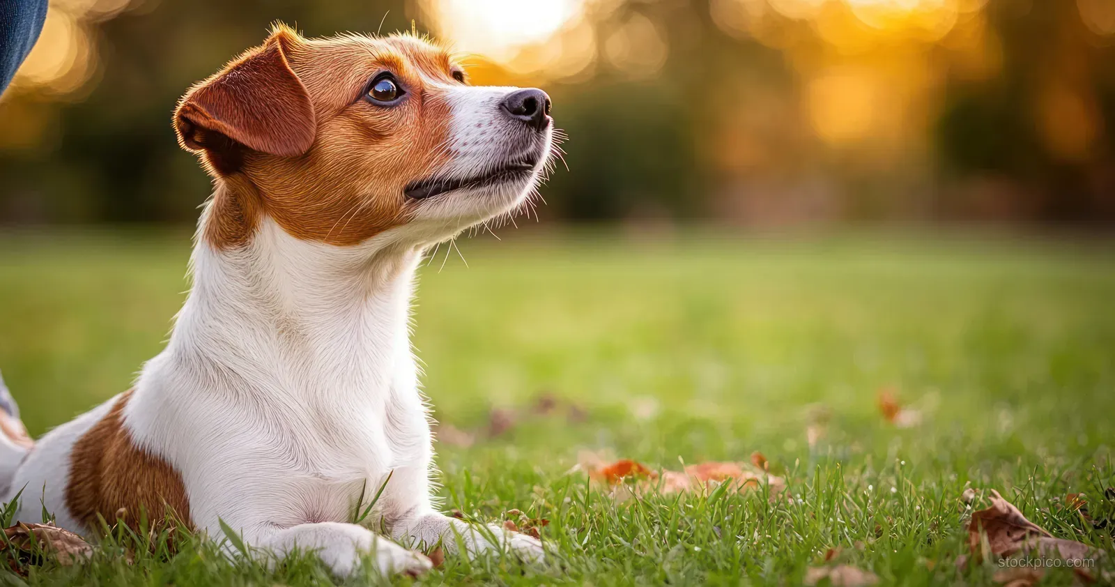 A small brown and white puppy lying on green grass in warm golden-hour light, looking attentively to the side.