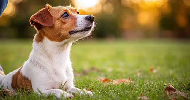 A small brown and white puppy lying on green grass in warm golden-hour light, looking attentively to the side.