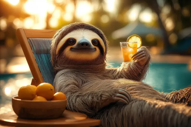 A sloth lounges by a resort pool holding a citrus cocktail, with fruit on a table and golden sunlight in the background.