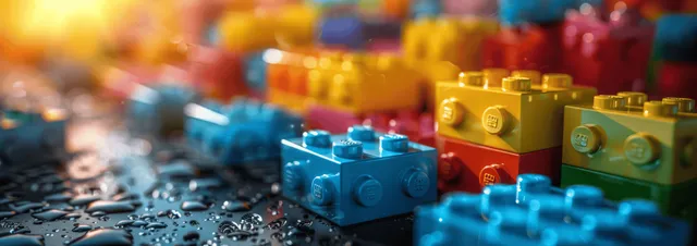 Colorful plastic building blocks scattered on a tabletop with blurred background toys.