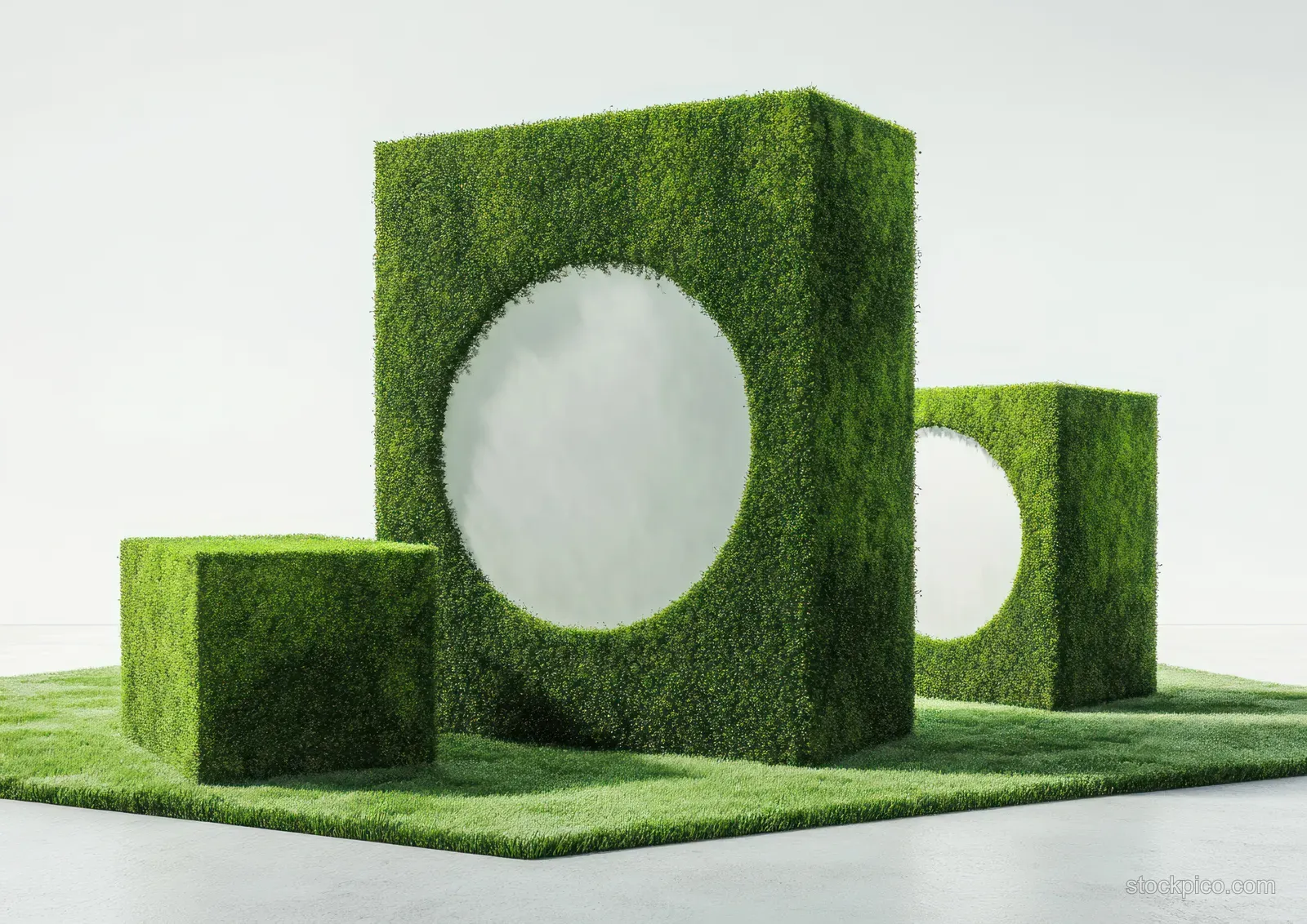 Moss-covered 3D podium blocks with white circular openings arranged on a white studio background.