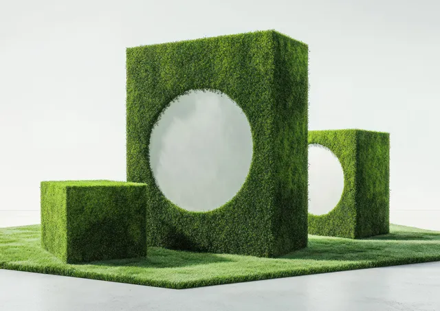 Minimal 3D podium with green moss blocks and white circular cutouts on clean background