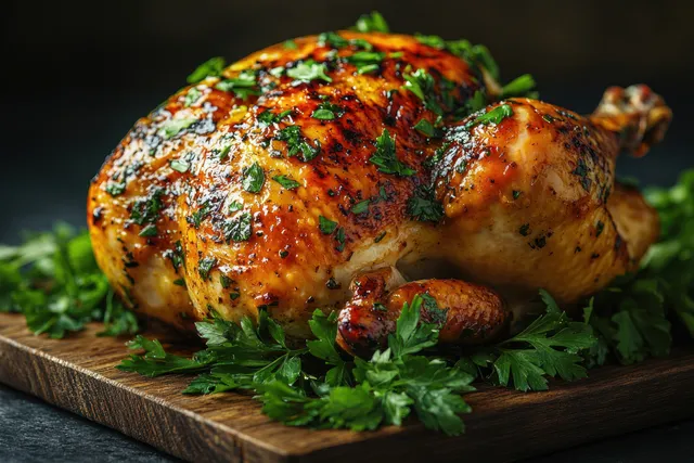 Golden roasted chicken resting on rustic cutting board with fresh parsley garnish
