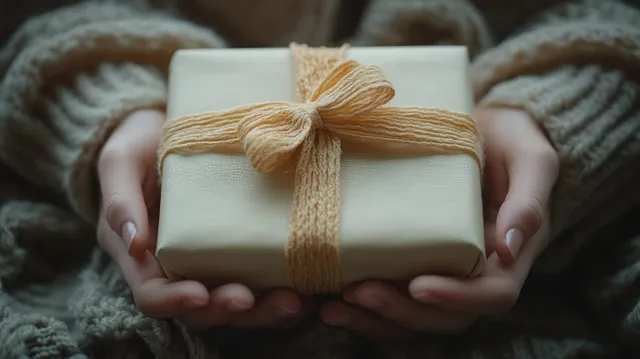 Gentle hands holding a wrapped gift box with golden ribbon on soft blanket