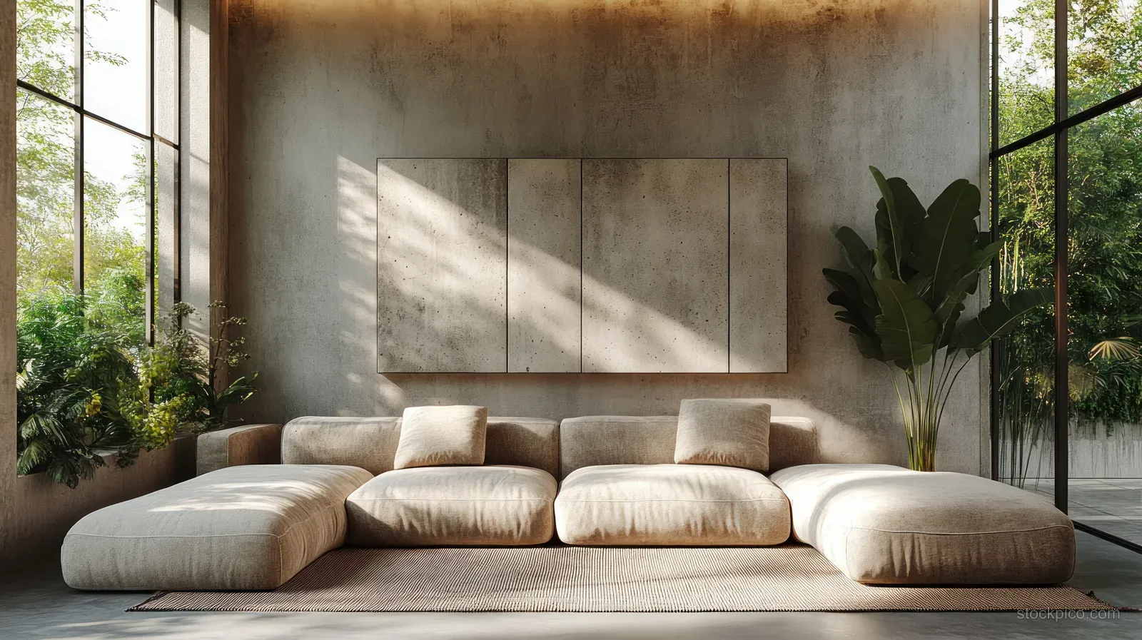 Beige sectional sofa sits before a concrete wall with abstract art as sunlight fills a minimalist living room.
