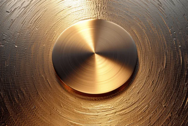 Brushed gold metal surface with circular reflective emblem under warm gradient lighting
