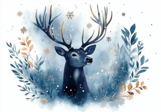 Watercolor deer silhouette with snowflake antlers in pastel blue winter foliage and snowy mist.