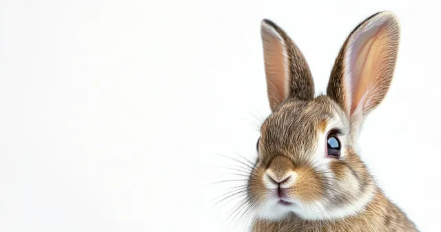 A close-up rabbit portrait with detailed fur and whiskers, softly lit against a clean white background.