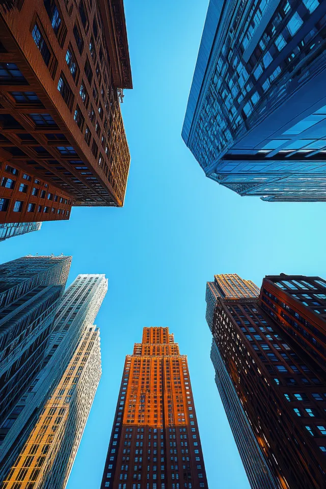 Looking up between tall skyscrapers with reflective glass and brick buildings under a clear blue sky.