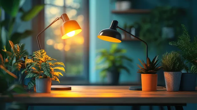 Warm desk lamp glowing on a wooden desk with potted plants and blurred night window lights behind.