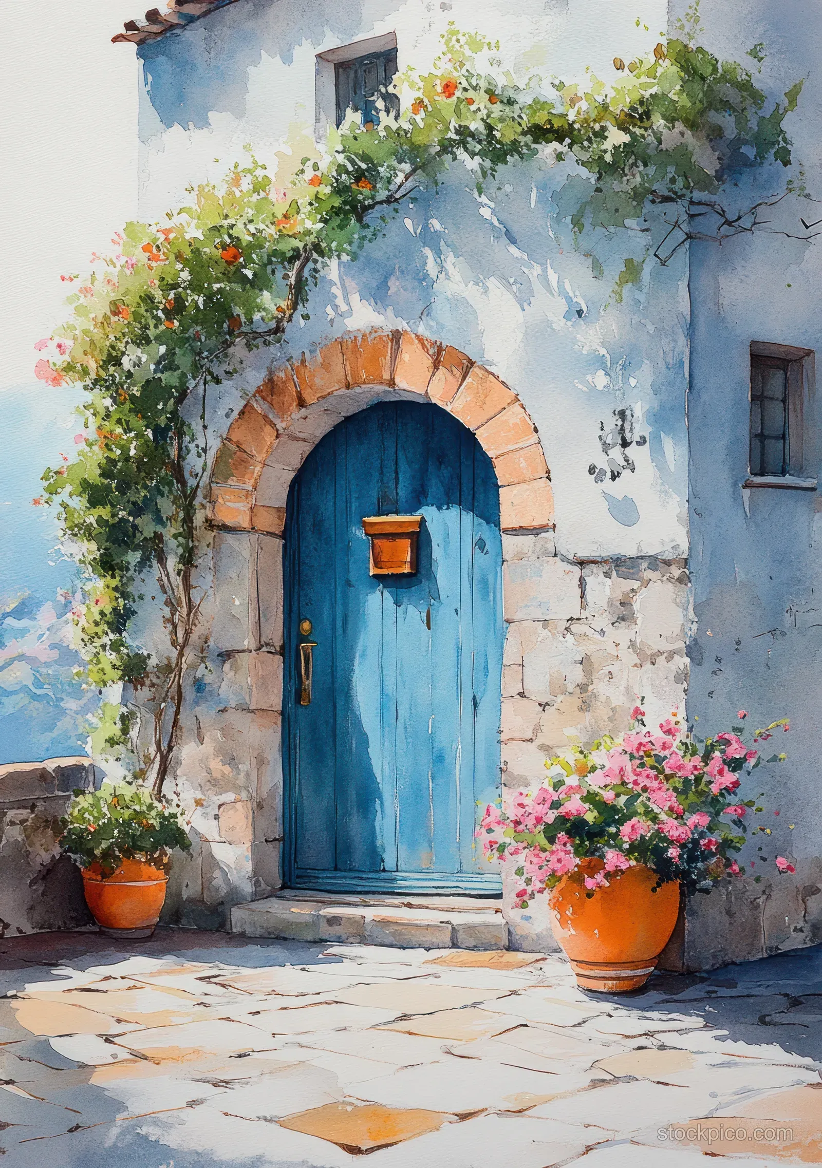 Watercolor painting of a bright blue door in a stone archway with flower pots and blooming flowers.