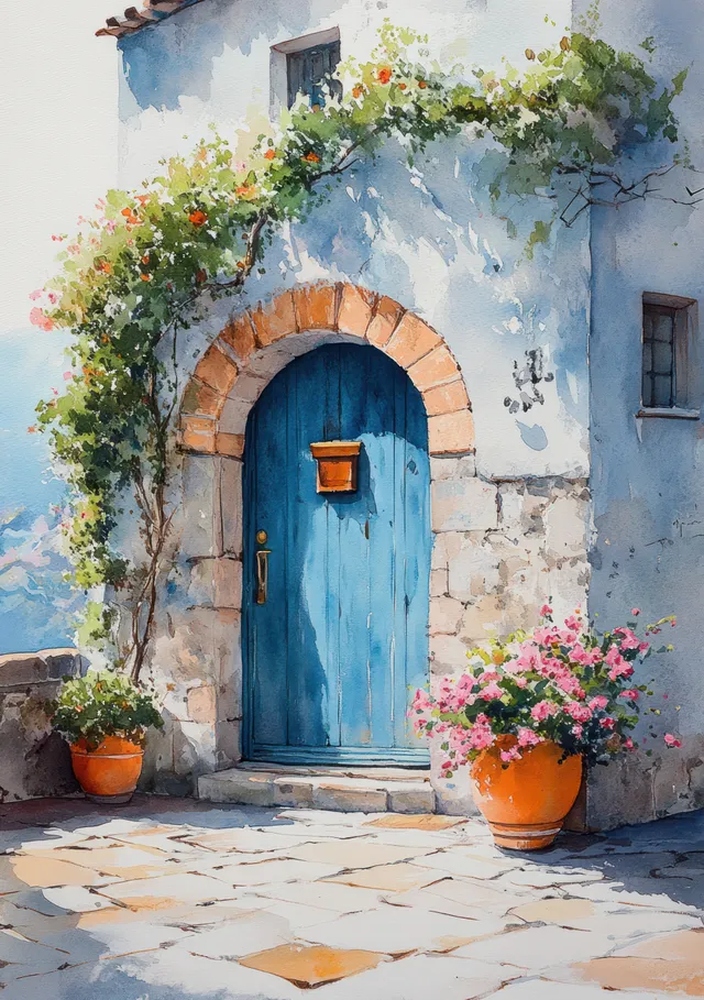 Watercolor blue door in stone archway beside flower pots and summer blossoms