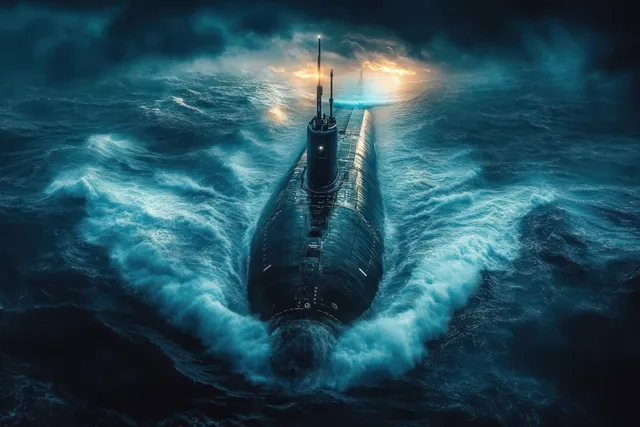 A submarine advances through rough ocean waves as spray rises under storm clouds and a glowing horizon.
