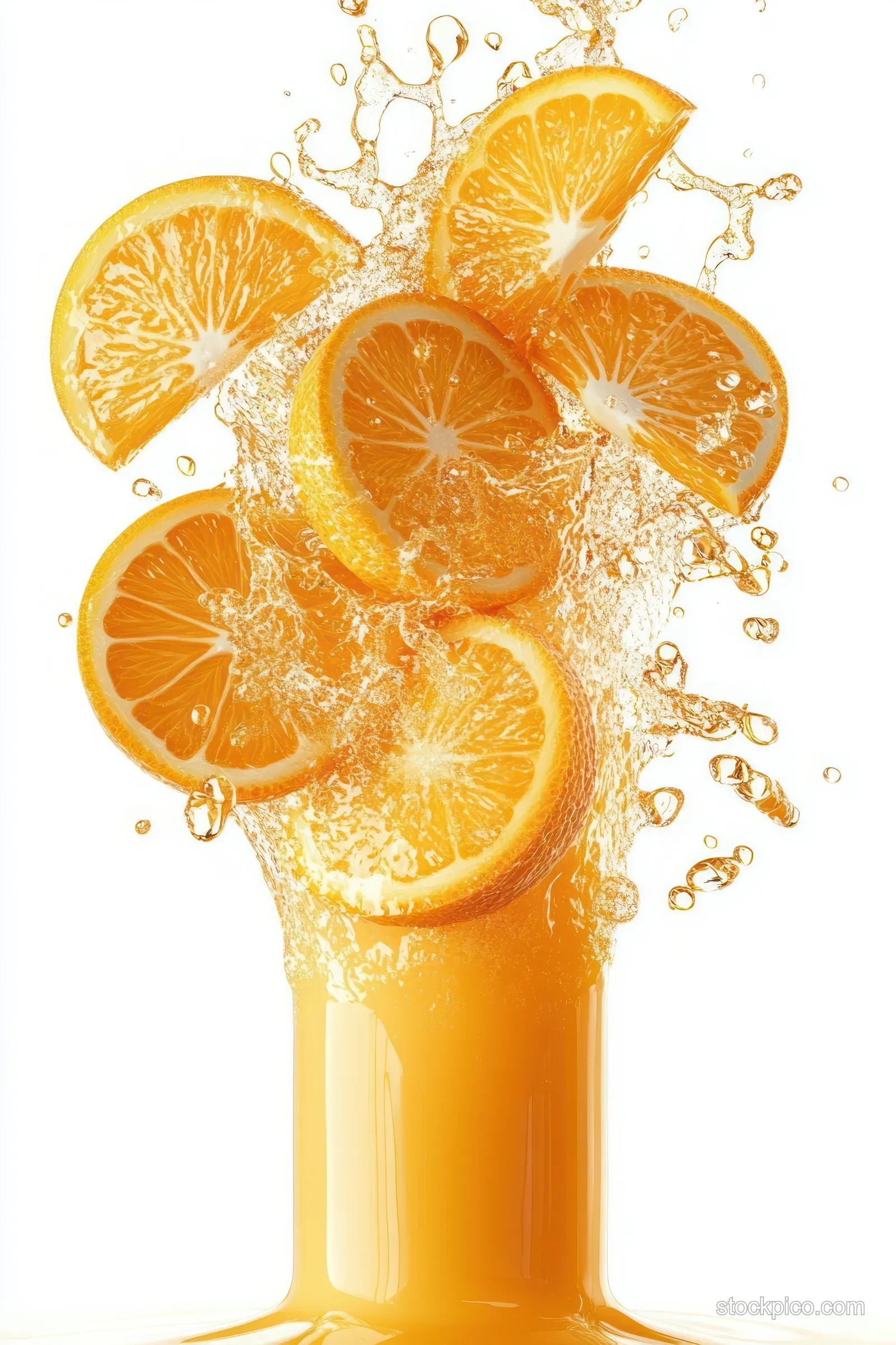 Orange juice pours upward in a splash with flying orange slices and droplets above a glass on a white background.