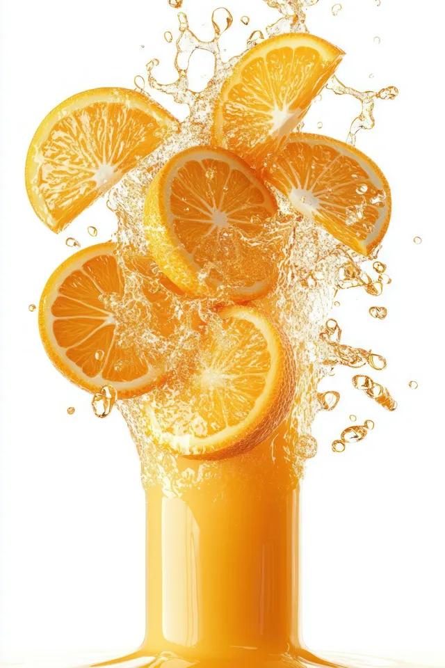 Orange juice pours upward in a splash with flying orange slices and droplets above a glass on a white background.