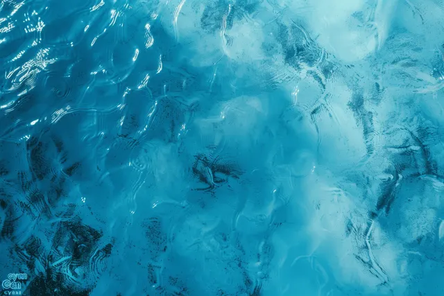 Top-down view of cyan water with ripples, small bubbles, and shimmering light patterns across the surface.
