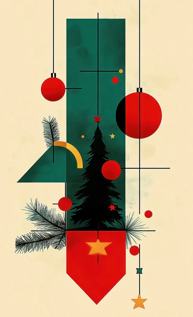 Geometric Christmas banner featuring a stylized tree, hanging red baubles, and pine sprigs on a beige background.