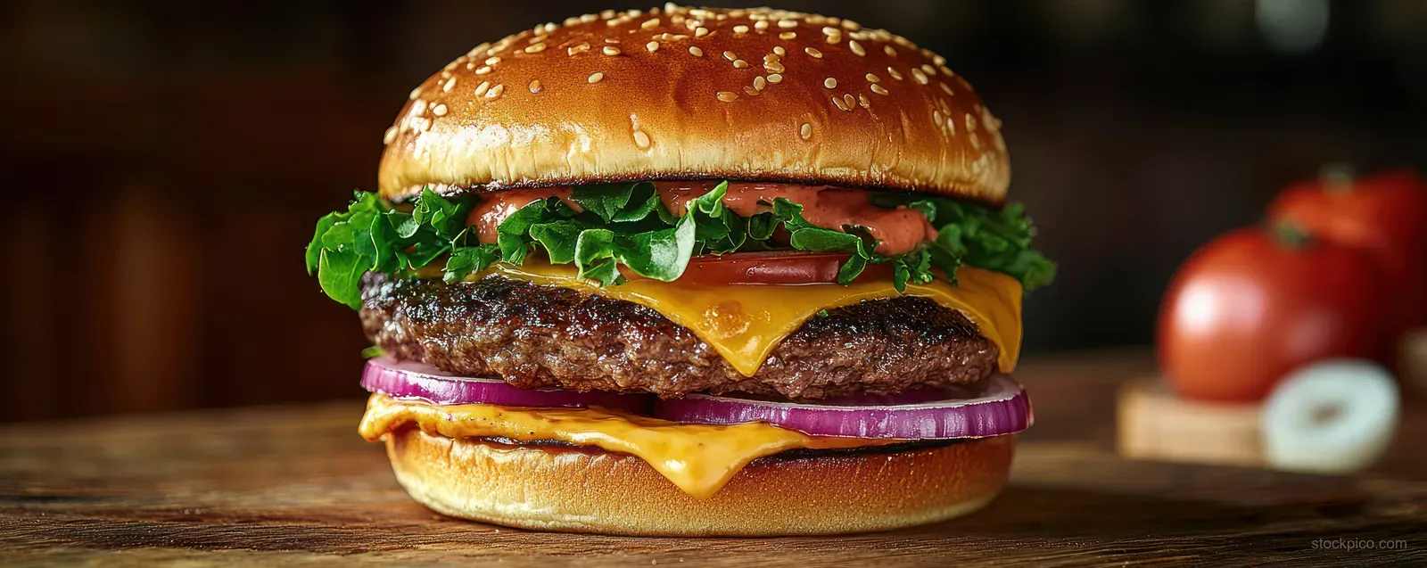 Double cheeseburger with melted American cheese, lettuce, tomato, and onion on a wooden table.