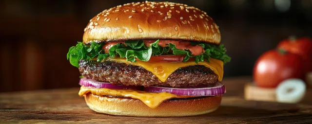 Double cheeseburger with melted American cheese, lettuce, tomato, and onion on wooden table