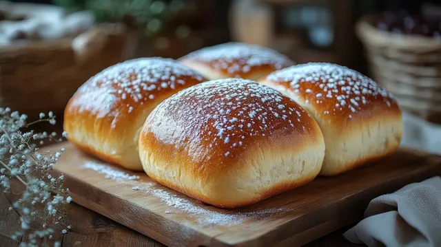 Four powdered sugar dusted bread rolls on a wooden board with rustic kitchen items in the background.