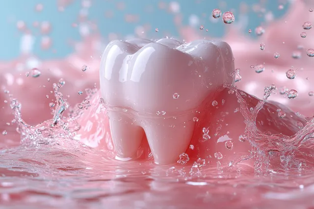 White tooth model surrounded by fresh water bubbles and splashing droplets in a soft blue and pink background.