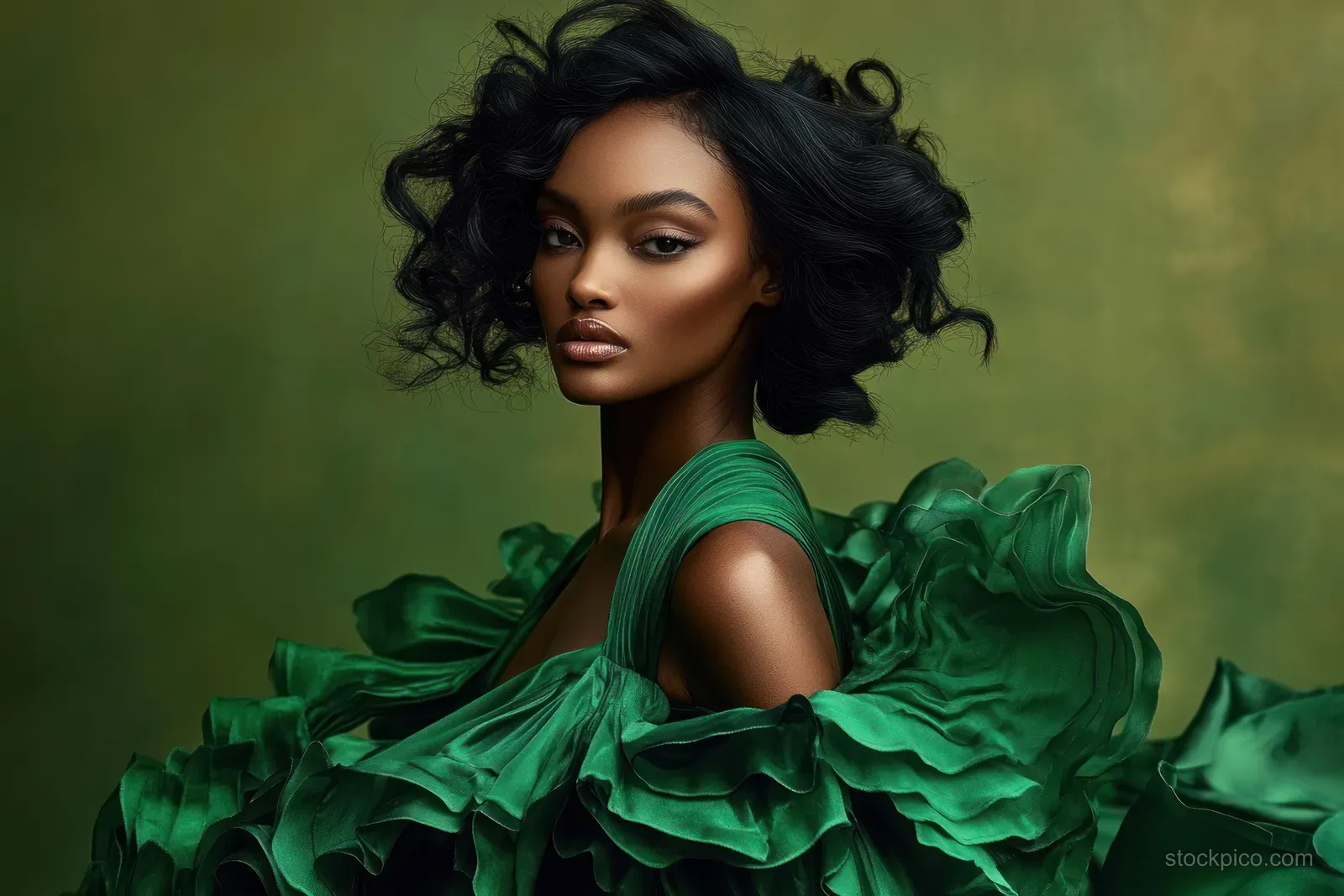 Black woman in a green ruffled gown posing in front of a muted green studio backdrop.