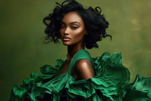 Black woman in a green ruffled gown posing in front of a muted green studio backdrop.