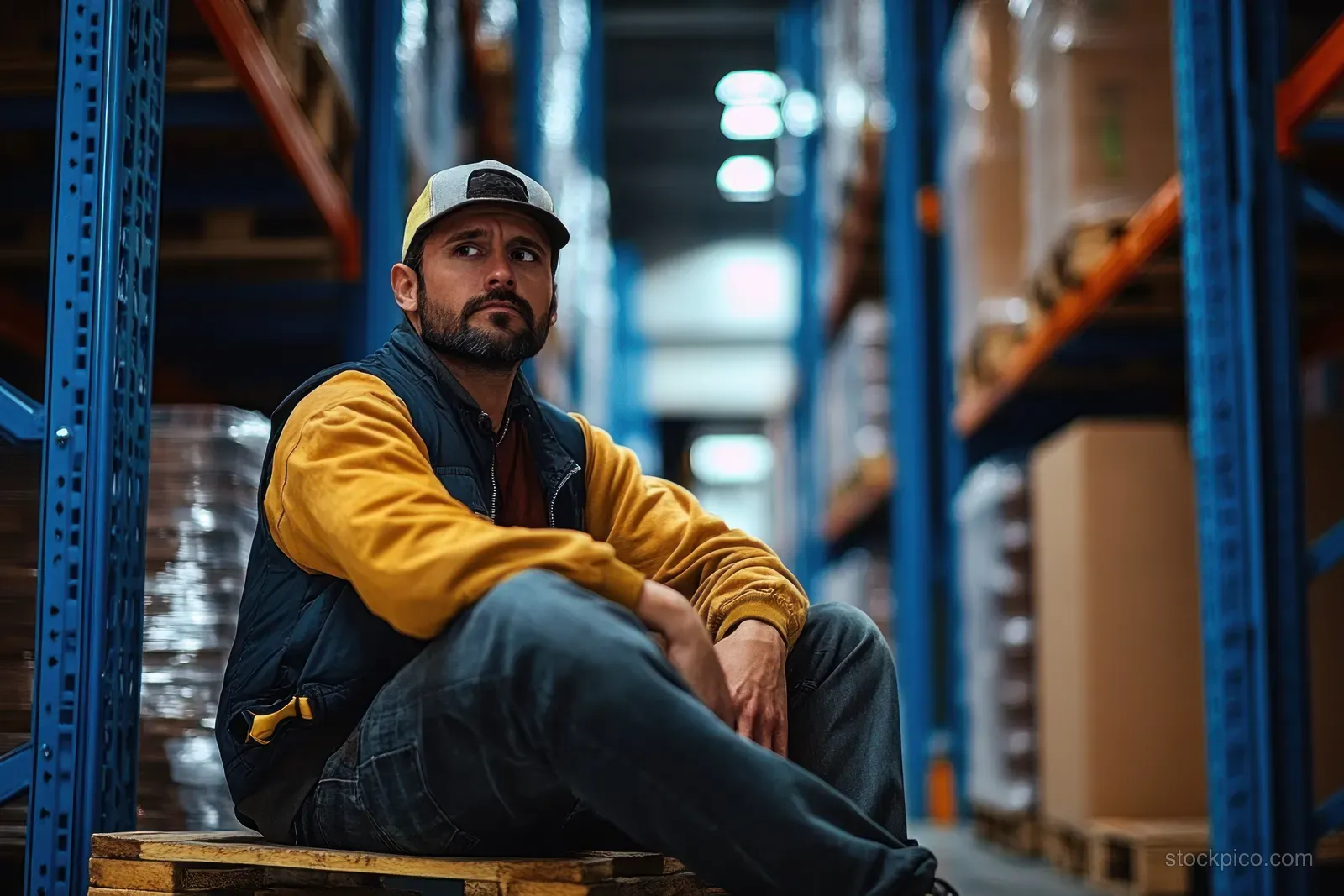 A warehouse worker sits on the floor beside blue metal shelving with boxes, looking contemplative in a dim aisle.